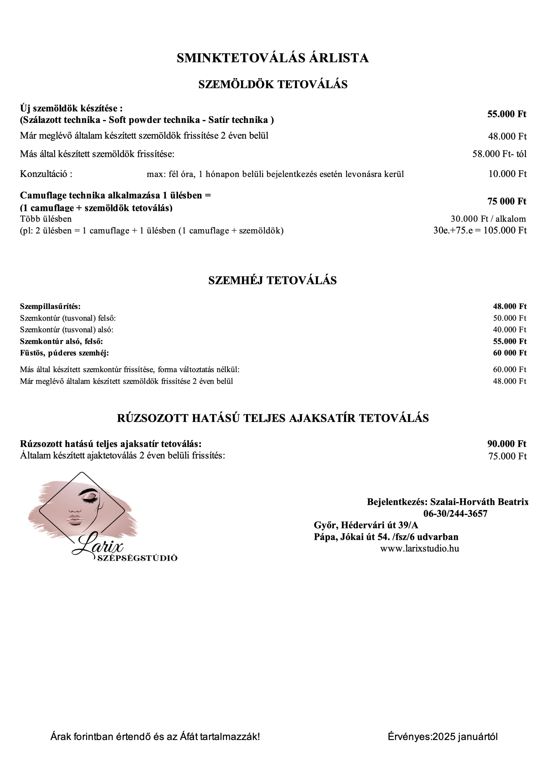 Sminktetoválás árlista